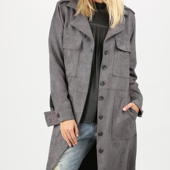 POL Jackets & Blazers - NWT POL faux SUEDE JACKET charcoal trench DUSTER WESTERN bohemian COAT SM MD LG